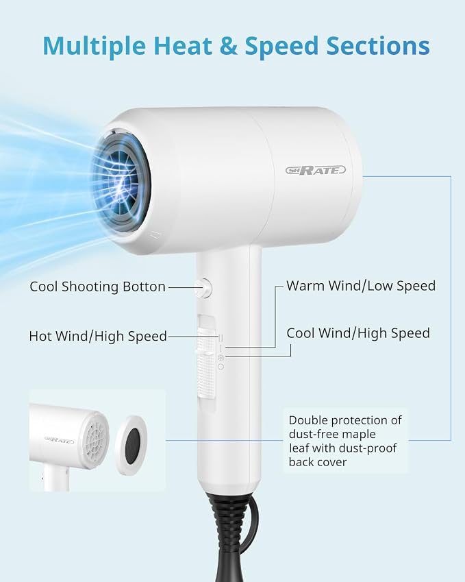 SHRATE Ionic Hair Dryer with Diffuser | Professional Blow Dryer for Curly, Frizzy & All Hair Types | Low Noise & Gentle for Sensitive Hair | Compact & Portable Design for Home, Travel, Women & Men