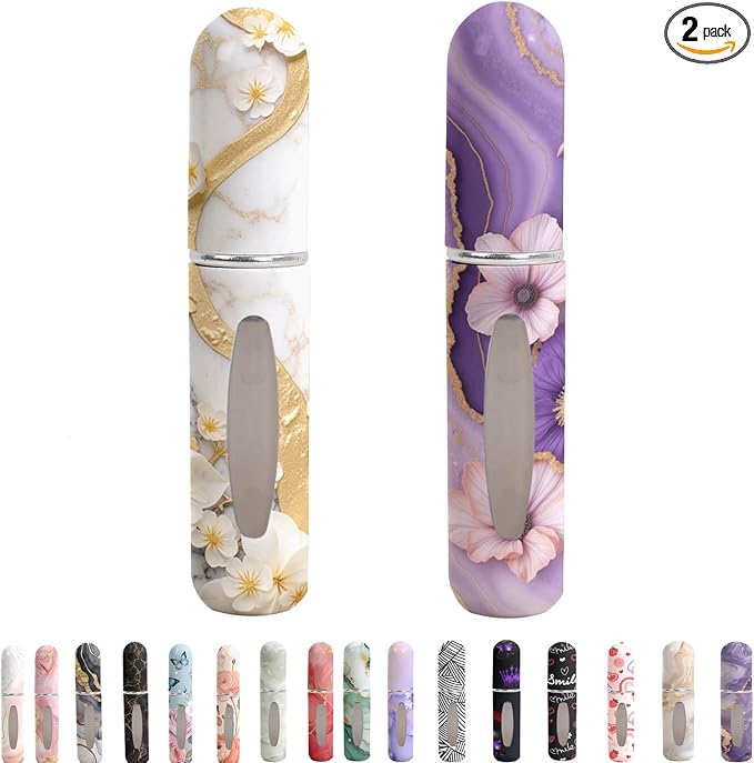 Refillable Perfume Atomizer Travel Bottles– Portable Leakproof Mini Sprayer for Cologne & Essential Oils, Plastic Empty Perfume Bottles with Unique Patterns,2 Pcs Pack of 5 ml(Marble flower)
