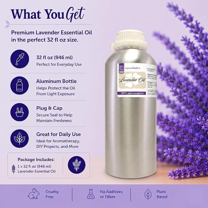 Lavender Essential Oil – 32 fl oz (946 ml) Aluminum Bottle w/Plug Cap - GreenHealth