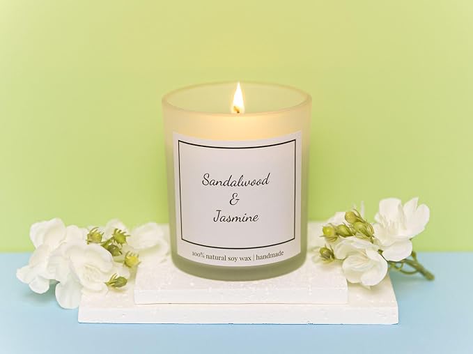 Natural Sandalwood & Jasmine Candle, Luxury Scented Soy Jar Candle, Home Fragrance Gifts, Aromatherapy Gifts, Natural Soy Wax & Natural Essential Oils