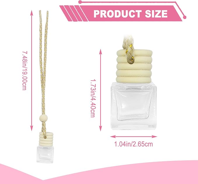 5 pcs Car Hanging Empty Glass Perfume Bottles Pendant Bottle, DIY Air Freshener Pendant, Empty Clear Glass Essential Diffuser Oil Aromatherapy, Glass Bottle Decor (Square)