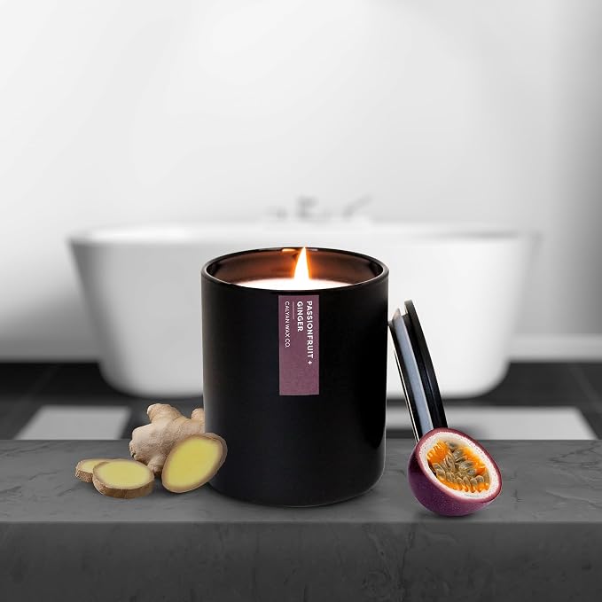Calyan Wax Co. Passionfruit & Ginger Scented Candle - 75 Hour Burn - Luxury Clean Soy Wax Candles - Long Lasting Black Tumbler Jar Candle for Home - 10.2oz