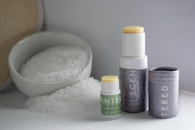 Scentered Prepare for a Great Night's Sleep Bath Set - Bath Salts, Aromatherapy Balms, Body Loofah, Hair Tie & Shower Cap - Relaxing Bath Set for Restful Sleep