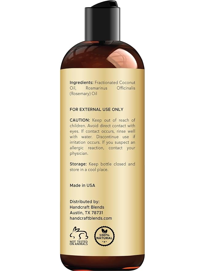 Handcraft Blends Fractionated Coconut Oil Infused with Rosemary - 8 Fl Oz - 100% Pure and Natural - Premium Grade Carrier for Skin, Hair and Massage