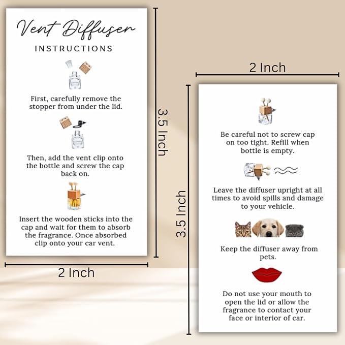 Car Vent Wood Diffuser Care Card | 50 Pack | 2x3.5 inch | Vent Clip Reed Oil Diffuser Bottles | Vent Diffuser Instructions LEES A.M.
