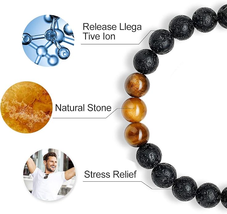 M MOOHAM Mens Bracelet - Beaded Natural Stone 8mm Tiger Eye Matte Agate Lava Rock Bracelets for Men Teen Boys Grandpa Dad Birthday Gifts Jewelry
