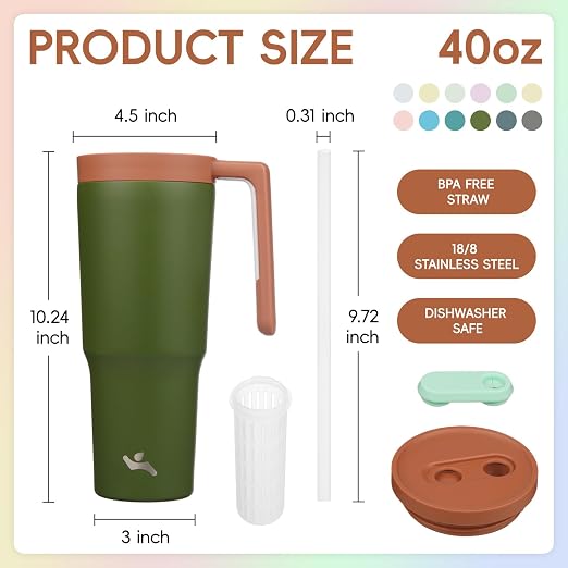Konokyo 12 Pack 40 Oz Tumblers with Handle and Straw, Bulk Vacuum Insulated Stainless Steel Travel Mugs with Lids for Office, Events and Group Orders Forest Green