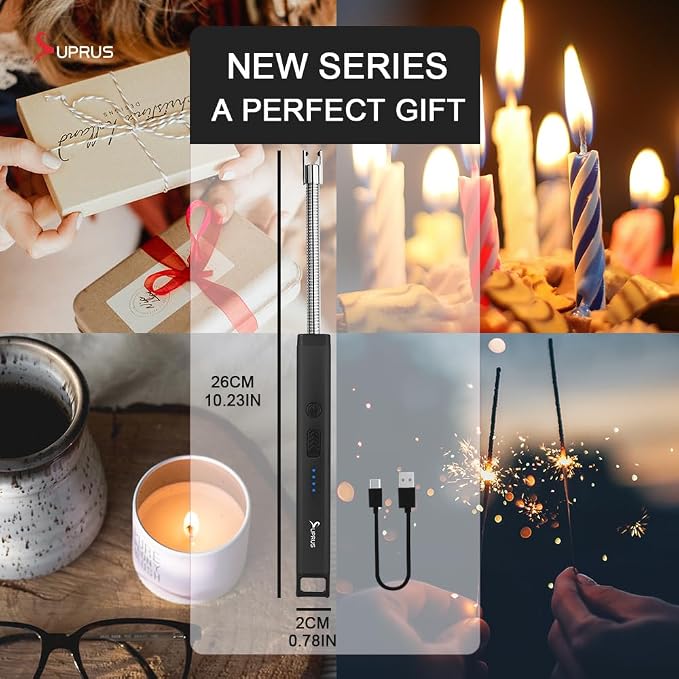 SUPRUS Rechargeable Candle Lighter Electric Arc Triple Safety Long Lighter Stainless Steel Shell & Hanging Hook (Black)