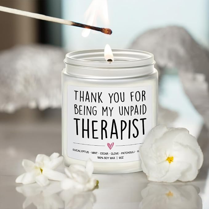 Thank You for Being My Unpaid Therapist Candle Gifts for Best Friend, Eucalyptus, Mint, Cedar, Clove, Patchouli, Vanilla Candle 9OZ - Funny Friendship Sister Boss Coworker Bestie Mom Gifts for Her