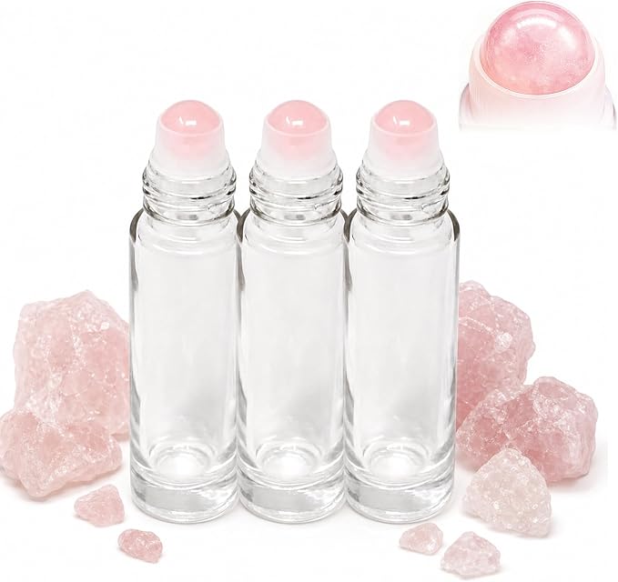 Rose Quartz Roller Ball Bottle for Castor Oil - 10ml Refillable Empty Glass Roll-On for Essential Oils, Organic Castor Oil, Perfume & Skincare - Leak-Proof Travel Size Quartz Stone Rollerball (3pcs)