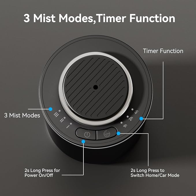 Essential Oil Diffuser,15ml Waterless Scent Diffuser,Rechargeable Portable Travel Diffuser with 3 Mist Mode & Timers,Dual Color LED Light,Small Car Air Freshener for Home,Office,Car, Black