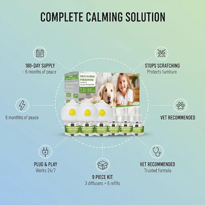 9 PCS Dog Calming Pheromone Diffuser with 6 Refills (48mL Each) - 3 Plug-Ins for 180 Days Continuous Stress Reduction for Dogs