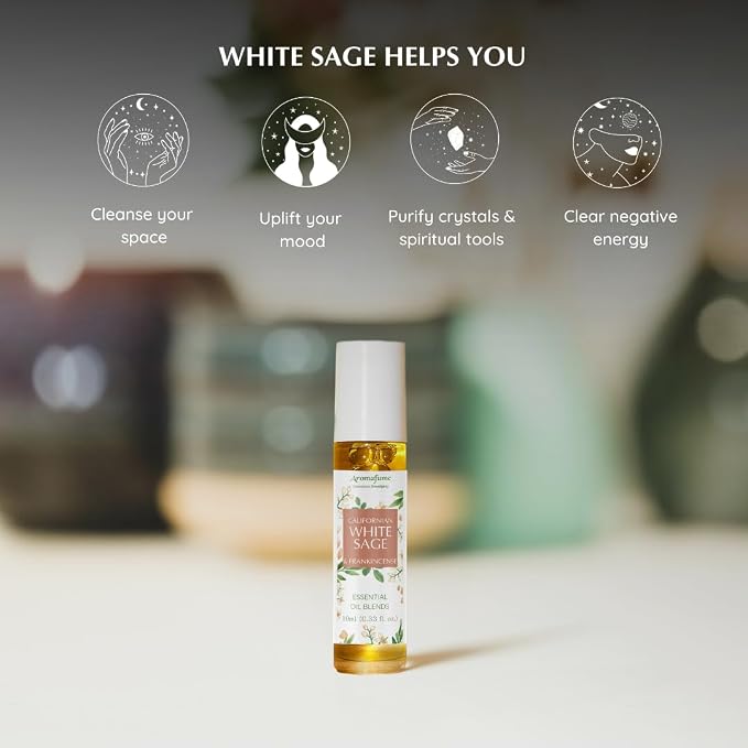 White Sage & Frankincense Essential Oil Roll-On Blend by Aromafume | 10ml/0.33 fl oz | Aromatherapy Oil for Cleansing Negative Energy & Protection | Ethically sourced | Sage Oil for Smokeless Smudging