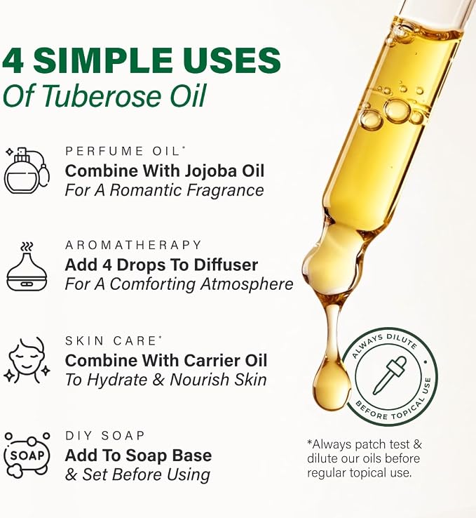 100% Pure Tuberose Oil - 1 Fl Oz Tuberose Essential Oil for Hair, Skin, Diffuser, Aromatherapy & DIY Soap Making Scent