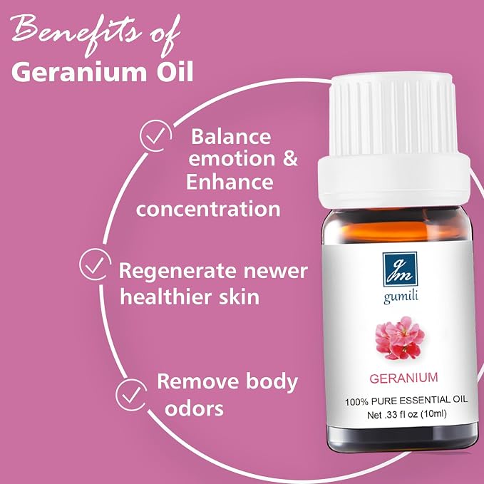 GM Gumili Geranium Essential Oil 10ml, 100% Pure Geranium Oil for Diffuser, Skin, Hair, Face, Soap & Candle Making, Aromatherapy & Massage