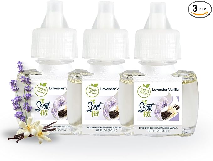 Scent Fill 100% Natural Lavender Vanilla Plug in Air Freshener, Scented Oil Refills, 3 Refills