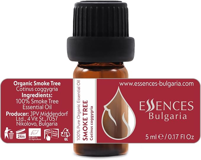 Essences Bulgaria Organic Smoke Tree Essential Oil 1/6 Fl Oz | 5ml | Cotinus coggygria | 100% Pure and Natural | Undiluted | Therapeutic Grade | Family Owned Farm | Steam-Distilled | Non-GMO | Vegan