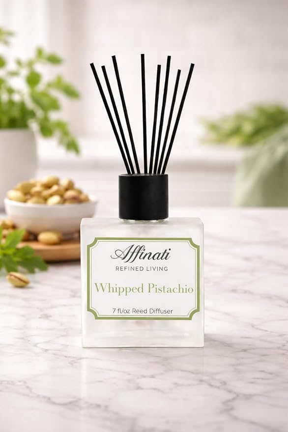 Affinati Whipped Pistachio Reed Diffuser – 7.0 fl oz Home Fragrance Diffuser with 8 Reeds – Long Lasting Flame Free Room Fragrance for Bedroom, Bathroom, Office & Living Room