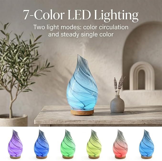 Glass Essential Oil Diffuser with 3 Aromatherapy Oils,200ml Small Humidifier for Bedroom with Timer,7 LED Color Lights for Office Home Room Decor Gifts for Women Men