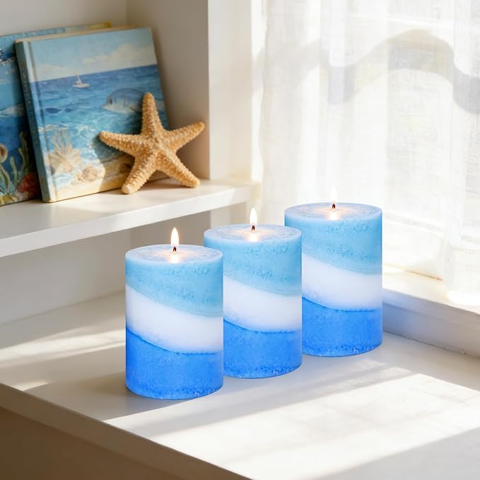 Crystal Club Ocean Scented Pillar Candles Set of 3, 3x4 Inch Blue Coastal Candles, Long Burning 40+ Hours, Smokeless & Dripless, Beach Home Decor for Living Room Bathroom Gift