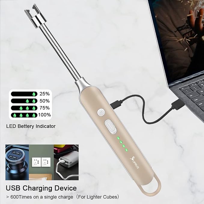 SUPRUS Electric Rechargeable Arc Lighter with LED Battery Display Long Flexible Neck USB Lighter for Candle Cooking (Champagne)