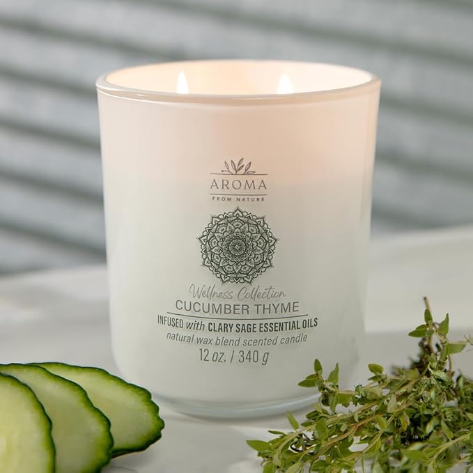 House of Velas, Aroma from Nature Wellness Collection Candle, 12 oz, 2 Cotton Wicks, Cucumber Thyme, Large Painted Jar