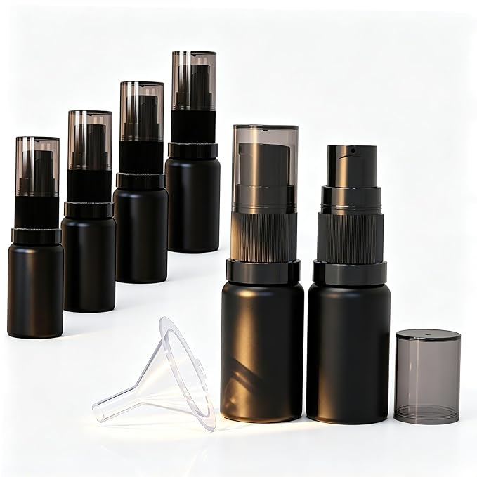 10ml Empty Glass Pump Bottle Dispenser 6 Pack,Black Travel Refillable Bottles Dispenser for Lotion Cream Essential Oil Shampoo, Small Cosmetic Containers 1/3oz (10ml Black 6pcs)