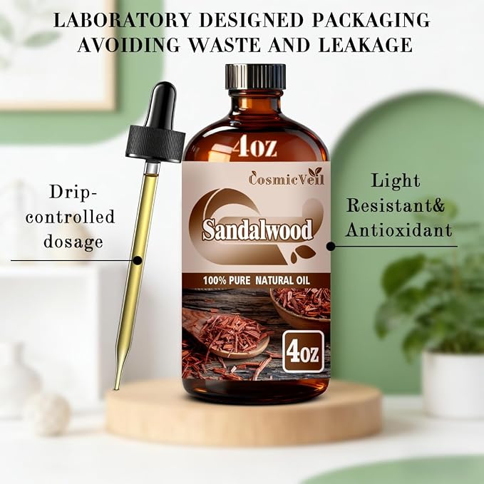 Sandalwood Essential Oil Sandalwood Oil for Aroma Diffuser,Humidifier,Home Fragrance,Cleaning,Body Care,Massage,Yoga,DIY Candle,DIY Soap CosmicVeil（Sandalwood，4 Fl Oz (Pack of 1)）