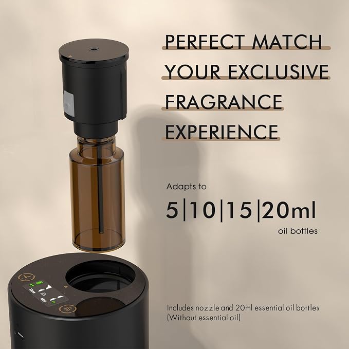 Waterless Diffuser for Essential Oil, Car Diffsuer, 96H Battery Operated Portable Nebulizer Mini Scent Air Machine with Dual Home Vehicle Modes for Bedroom Office Travel 20mL