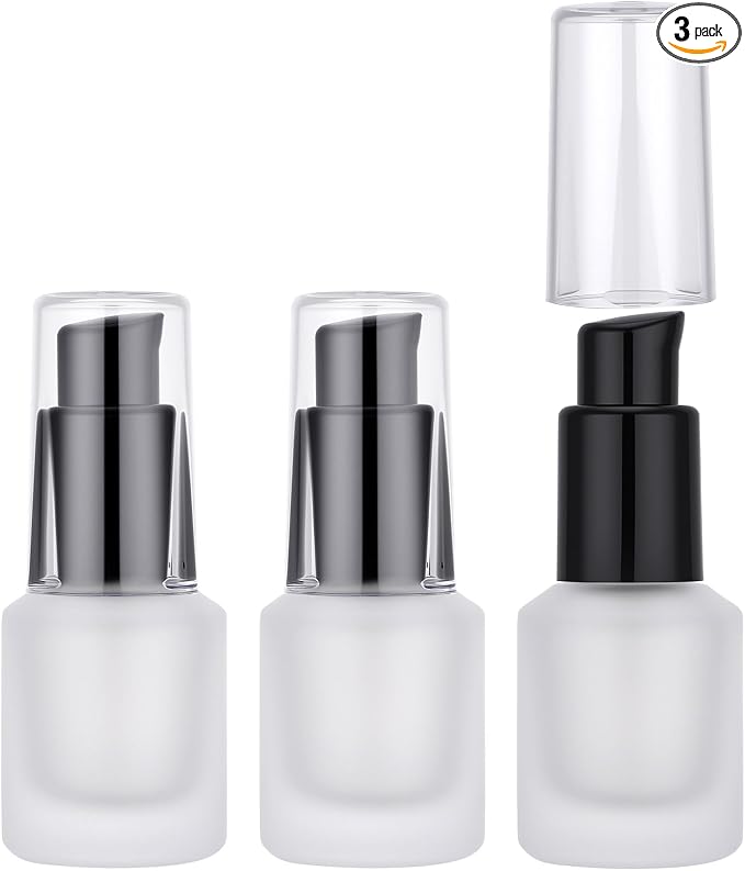 Segbeauty 0.5oz Empty Frosted Glass Travel Size Pump Bottle, 3pcs Matte Translucent Lotion Bottle Refillable, 15ml Travel Toiletry Bottles for Creams Liquids, Empty Cosmetic Skincare Container