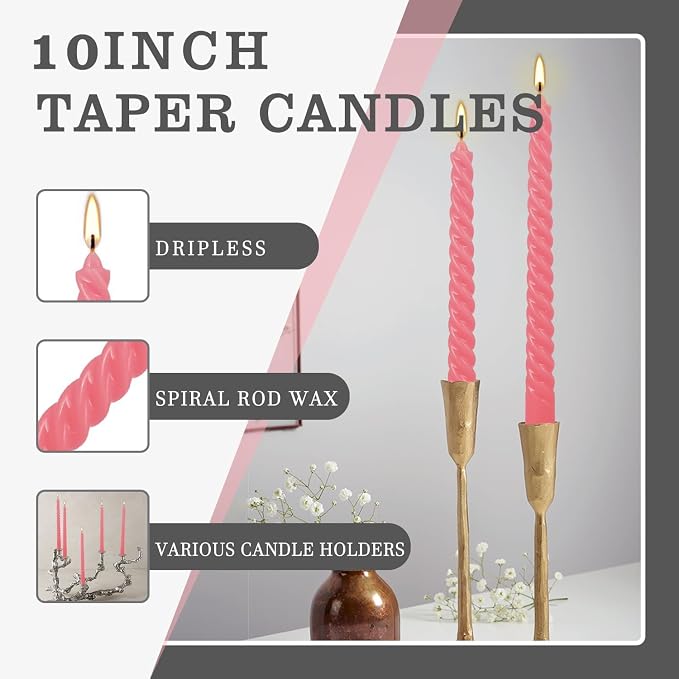 WPONSZU 10 Inch Pink Spiral Taper Candle Set of 12 Pack Unscented Dripless Candlesticks for Valentine's Day,Dinner,Party,Brithday,Wedding,Christmas,and Home Decoration