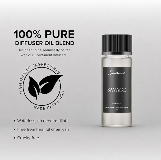 Scentiment Savage Diffuser Oil - Premium Hotel Scent with Notes of Calabrian Bergamot, Sichuan Pepper & Ambroxan Home Scent, Aromatherapy Fragrance Oil Diffuser Refill - 1.69 fl oz (50 mL)