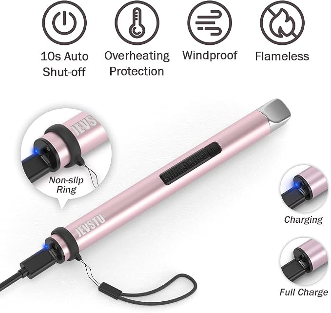 Candle Lighter, Electric Rechargeable USB Arc Windproof Flameless Plasma Lighter Long Stick with Rope and Ring, No Butane Fluid, Perfect for Candle BBQ Camping Kitchen Stove, Pink
