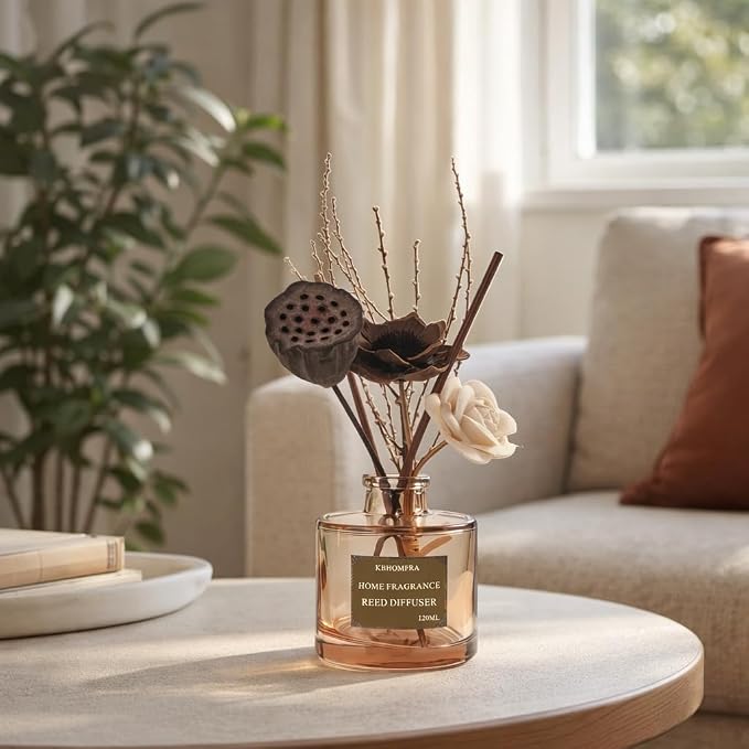 Reed Diffuser with Dried Flowers, Jasmine Cedar Sandalwood Scent, 4.06 fl oz, Glass, 120ml, Long Lasting Home Fragrance