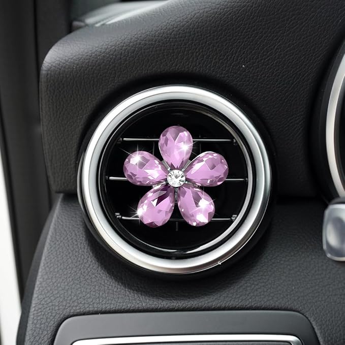 5PCS Bling Daisy Flower Car Air Vent Clips, Car Diffuser Vent Clip, Sparkling Crystal Rhinestone Cute Auto Air Conditioning Clamp, Diamond Air Outlet Clip Decor for Women Girls (Purple)