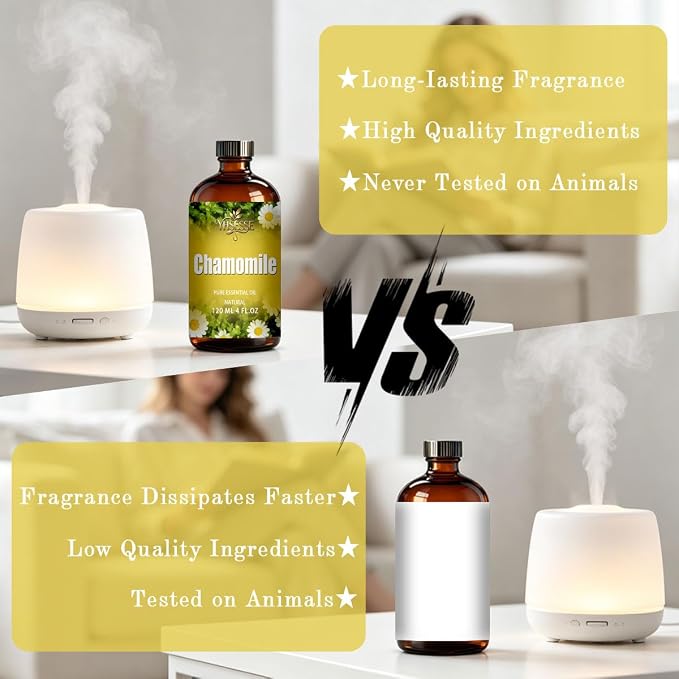 Chamomile Essential Oil, Chamomile Oil 4 Fl Oz 120ml for Diffuser Yoga Soap & Candle Making – with 0.33 Oz Roller Ball & Dropper YHSESSE Essential Oils