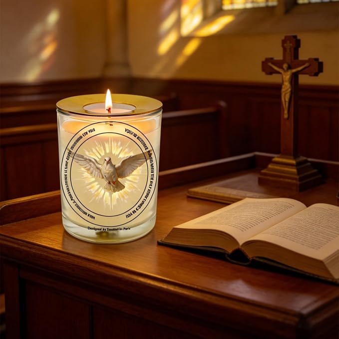 Holy Spirit Prayer Candle 50 Hours│Hand-Poured Natural Soy Wax│Spirit of Truth, Unifier of the Church, Spiritual Gifts, Advocate, Divine Person of the Trinity│Design in Paris│3“×3.6”