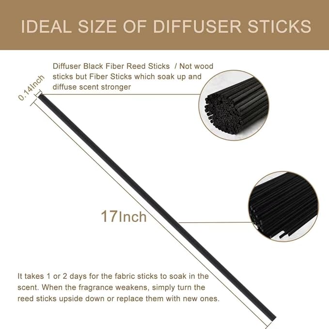 HOSSIAN Reed Diffuser Sticks, Natural Rattan Wood Sticks Essential Oil Aroma Diffuser Sticks Refill Replacement for Aroma Fragrance (Black Fibre17Inch*3.5mm 60PCS)