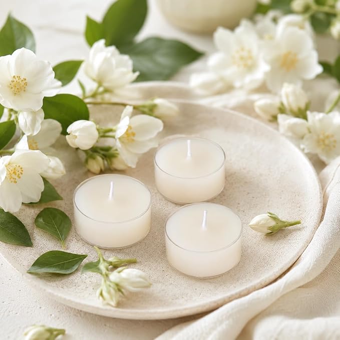 Jasmine Scented Tealight Candles, White Scent Tea Lights Candles Clear Cup, 24 Pack Colored Tealights Candle, 6 Hour Burn Time Tea Candles for Party, Decor, Spa, Shabbat