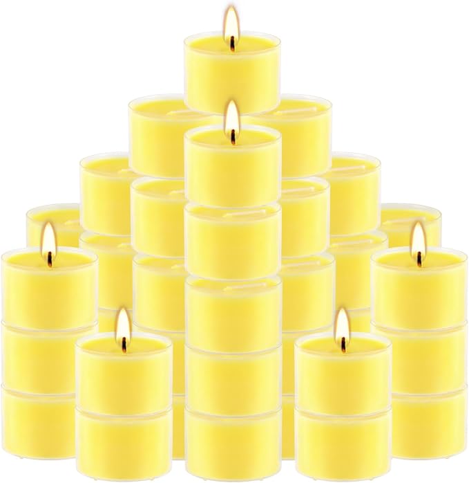 50 Pack Clear Tea Lights Candles Bulk, Summer Citronella Candle Outdoor and Indoor, for Birthday Emergency Home Garden(8 Hour, Yellow)