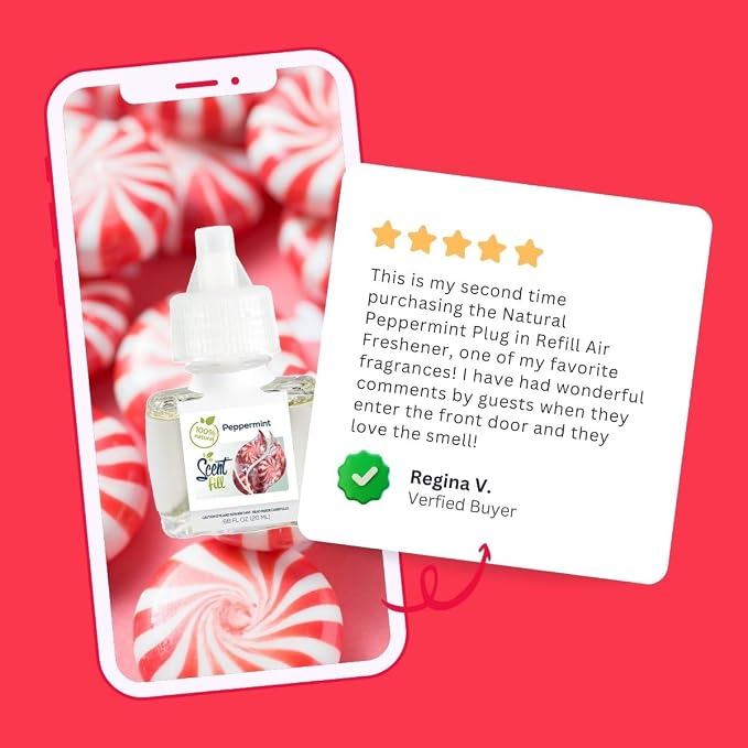 Scent Fill 100% Natural Peppermint Plug in Air Freshener, Scented Oil Refills, 2 Refills + Diffuser