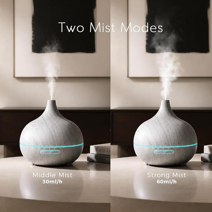 550ml Essential Oil Diffusers with Remote Control, Ultrasonic Oil Diffuser with Timer，7 Color LED Night Light and Waterless Auto-Off Functions for Home, Spa White Wood Grain