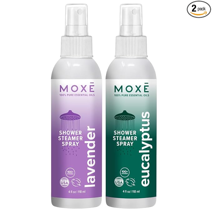 MOXE Shower Mist, Spa Steam Spray, Certified Natural Essential Oils, Aromatherapy, Calming Relief (Lavander and Eucalyptus, 4 Fl Oz (Pack of 2))