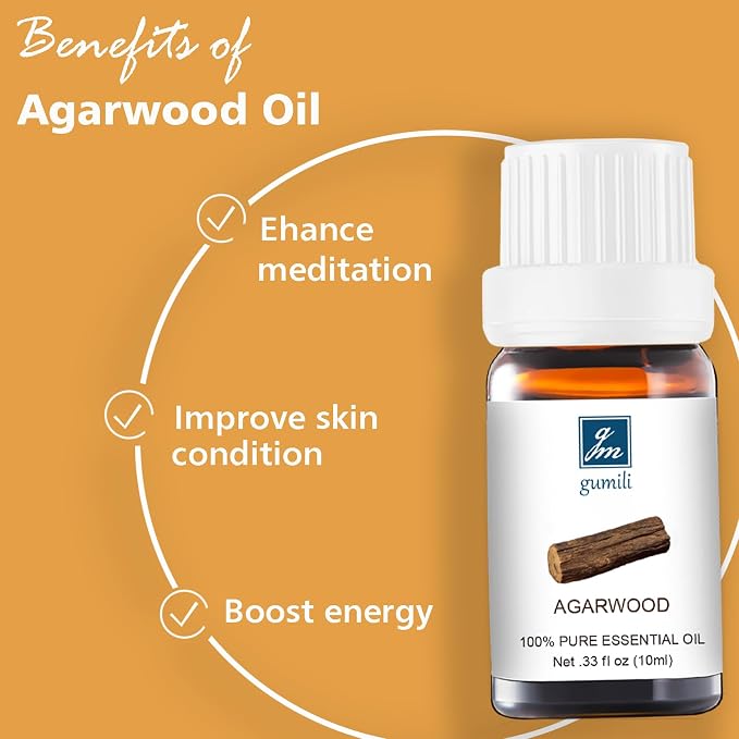 GM Gumili Agarwood Essential Oil - Pure Organic Oud Oil for Aromatherapy, Diffusers, Spray, Skin & Hair Care, Massage, DIY Candles & Soap, Perfume - 10mL