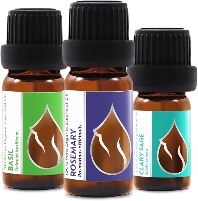 Set Hair Repair Organic Essential Oils | Basil (10ml) + Rosemary (10ml) + Clary Sage (5ml) | 100% Pure and Natural | Undiluted | Therapeutic Grade | Family-Owned Farm | Non-GMO | 3pcs