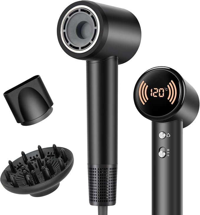 Diffuser Hair Dryer, Ionic Travel Hairdryer with 110000 RPM High-Speed Motor for Fast Drying, 1600W Low Noise&Lightweight Blow Dryer with Concentrator for Women Men, Professional Salon Home (Black)