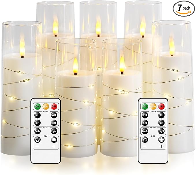 Flameless Candles,with Embedded Star String, Battery Operated Candles Flickering LED Pillar Candles with Remote Control and Timer, Home Decoration Add a Warm and Romantic Atmosphere，Set of 7 (White)