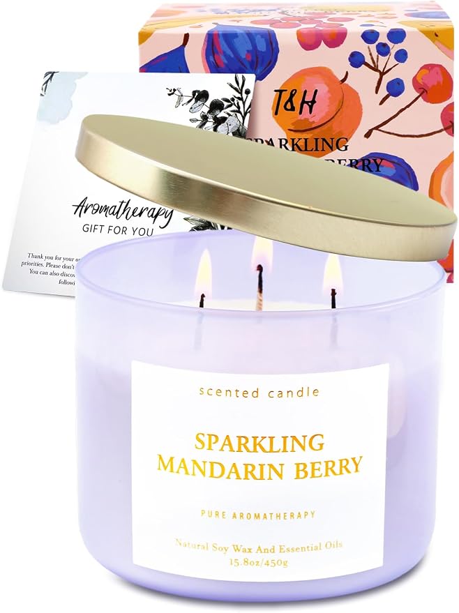 Sparkling Mandarin Berry 3-Wick Soy Summer Scented Candle for Home, 15.8oz | Grapefruit, Peach, Raspberry & Strawberry Notes, Fresh Citrus, Clean Burn, Bright Uplifting Scent, Gift for Women & Men