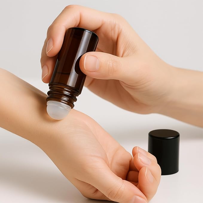 4Packs 50ml/1.76Oz Amber Glass Roller Bottles Refillable Roll On Containers with Plastic Roller Ball & Black Cap Leak-Proof Empty Essential Oil Bottles for DIY Perfume, Massage Oil, Aromatherapy