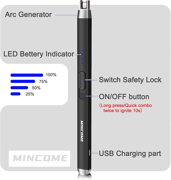 Candle Lighter Electric Rechargeable USB Plasma Arc Lighter with Safety Lock,Windproof Flameless Long Matches Lighters for Candle,Grill,BBQ,Camping